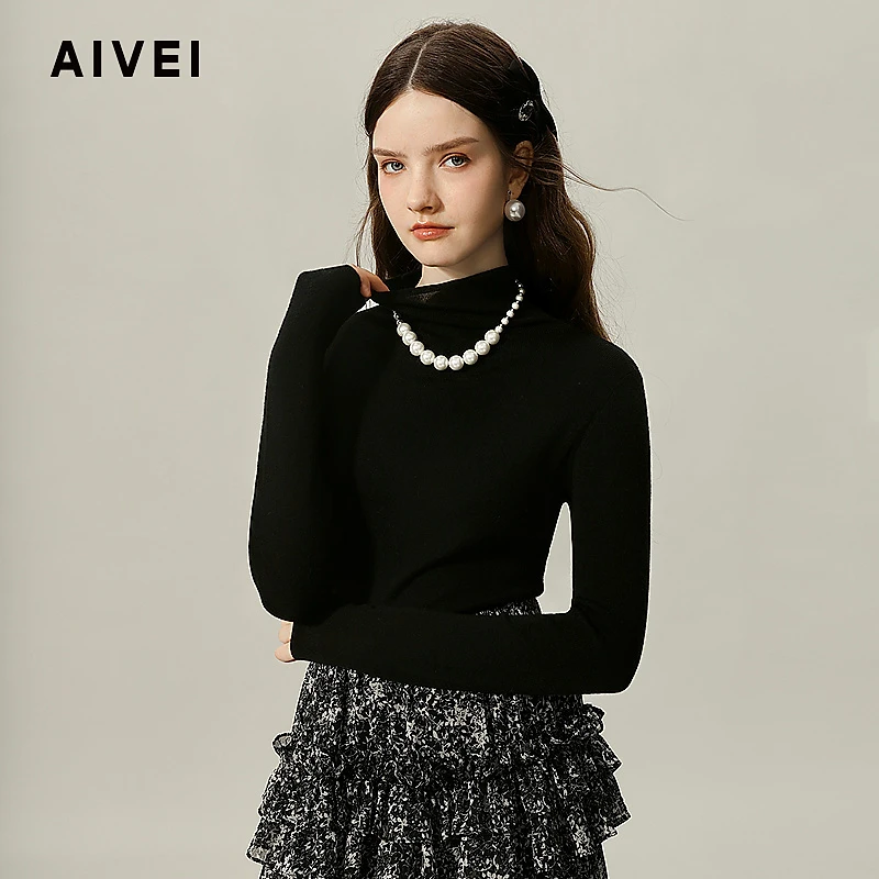 AIVEI欣贺艾薇秋新百搭简约修身半高领羊毛打底针织衫R7480603
