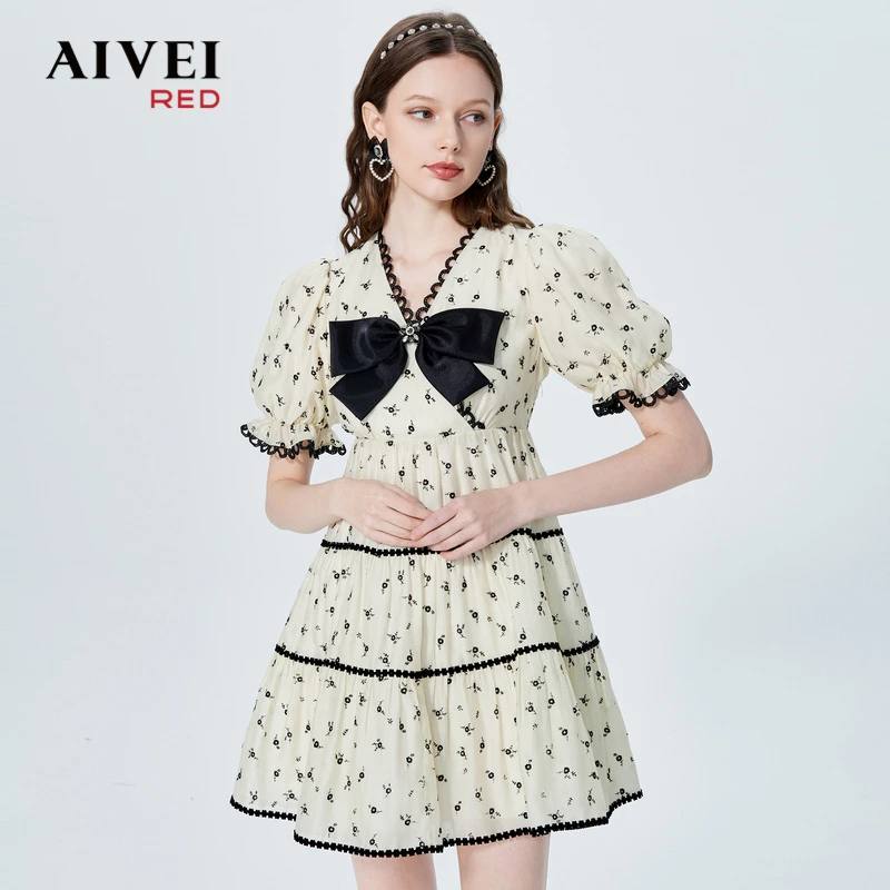 【梦游花境系列】AIVEI艾薇夏新显瘦V领蝴蝶结雪纺连衣裙P0360053