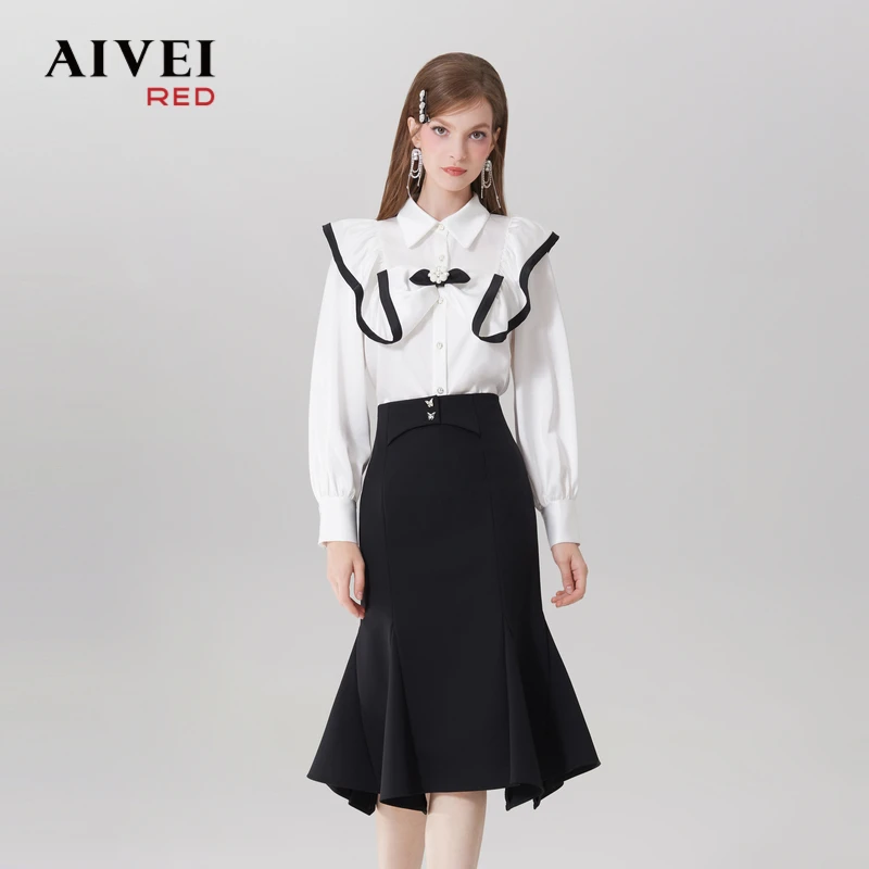 【不上】AIVEI艾薇新减龄复古撞色荷叶边高腰时尚气质雪纺衬衫 Q056