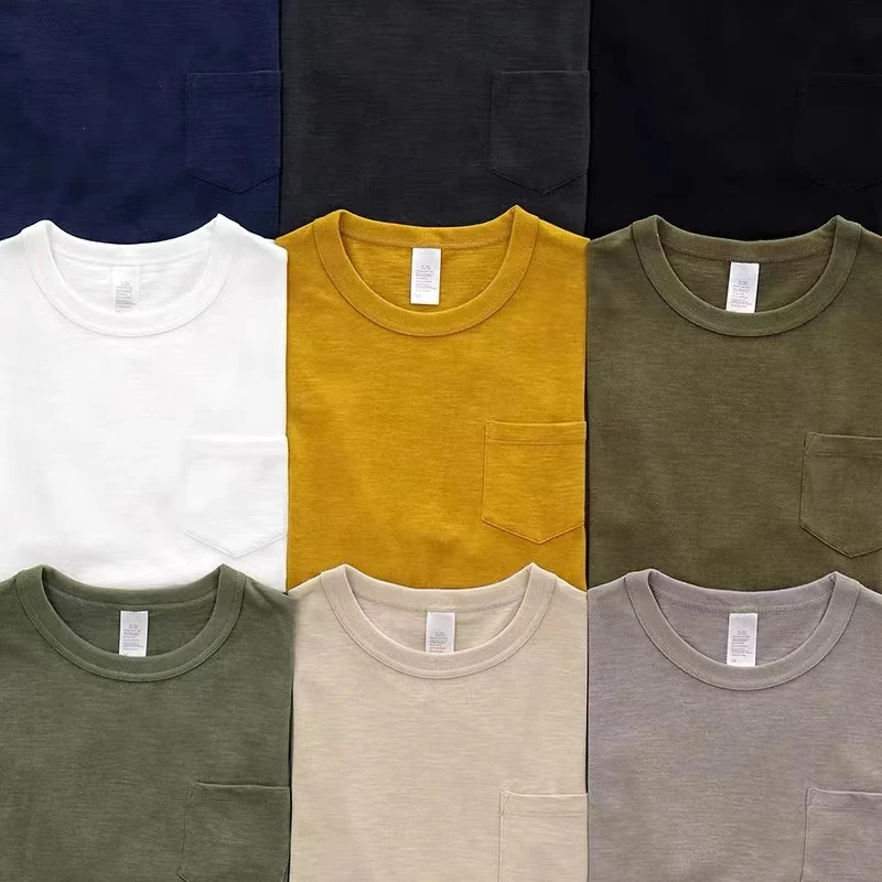 【竹节棉】T恤男女复古纯色透气体恤口袋短袖男女夏季休闲百搭