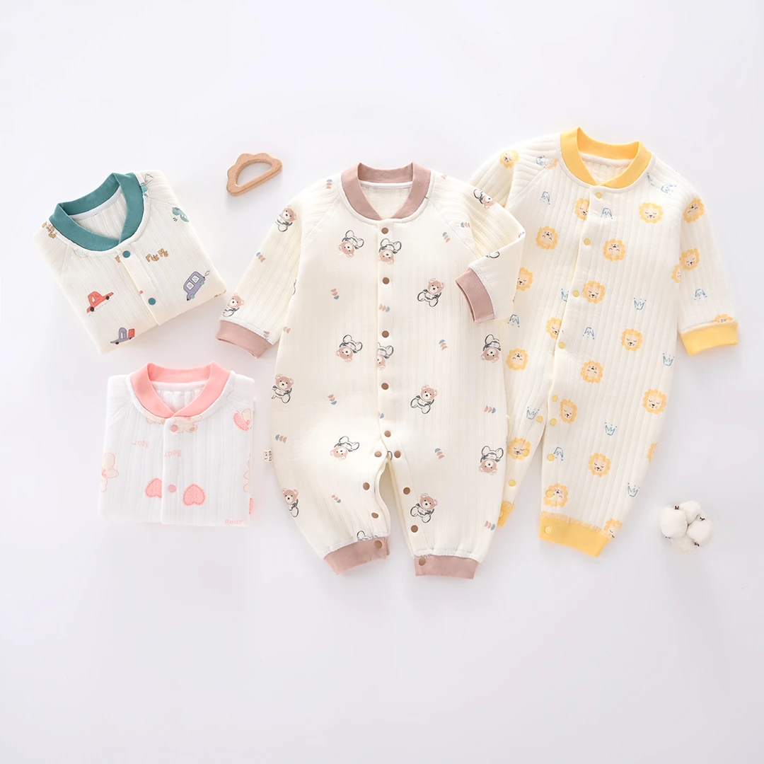 (易帛专享）婴儿保暖无骨连体衣新生儿春秋三层夹棉哈衣宝宝外出服