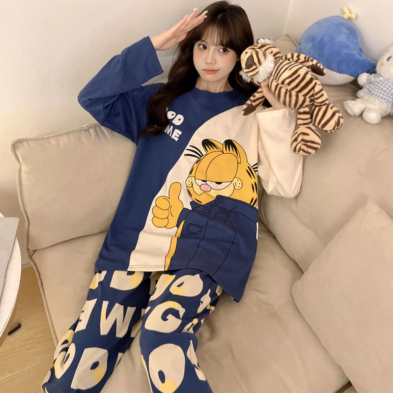 睡衣女士纯棉春秋季长袖卡通加菲猫胖女生加大码200斤家居服套装