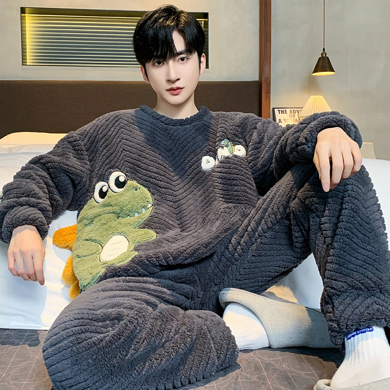 男士睡衣秋冬季珊瑚绒加厚加绒青少年大童卡通恐龙法兰绒保暖套装