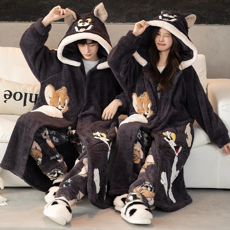 珊瑚绒情侣睡衣女秋冬季加厚加绒睡袍男士卡通大码冬款保暖家居服