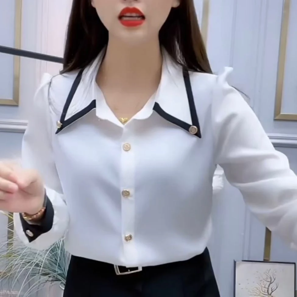 小香风贵太拼接色尖领衬衫女2023秋季新款高档减龄休闲百搭打底衫