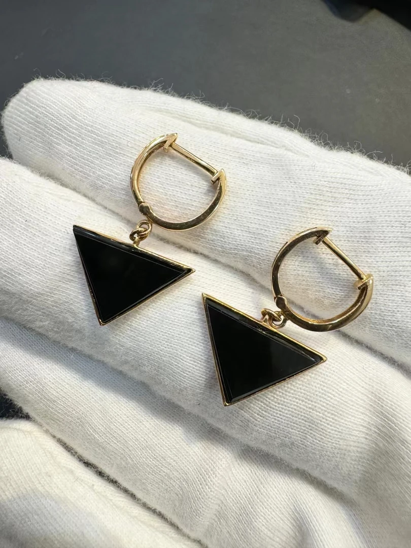 天然缅甸翡翠墨翠三角型设计款18k金耳钉时尚气质轻奢两用款