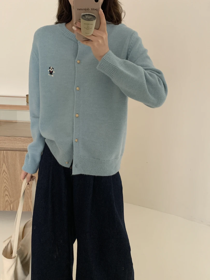 爱丽家秋冬新款纯色卡通狗狗刺绣开衫毛衣KS0048