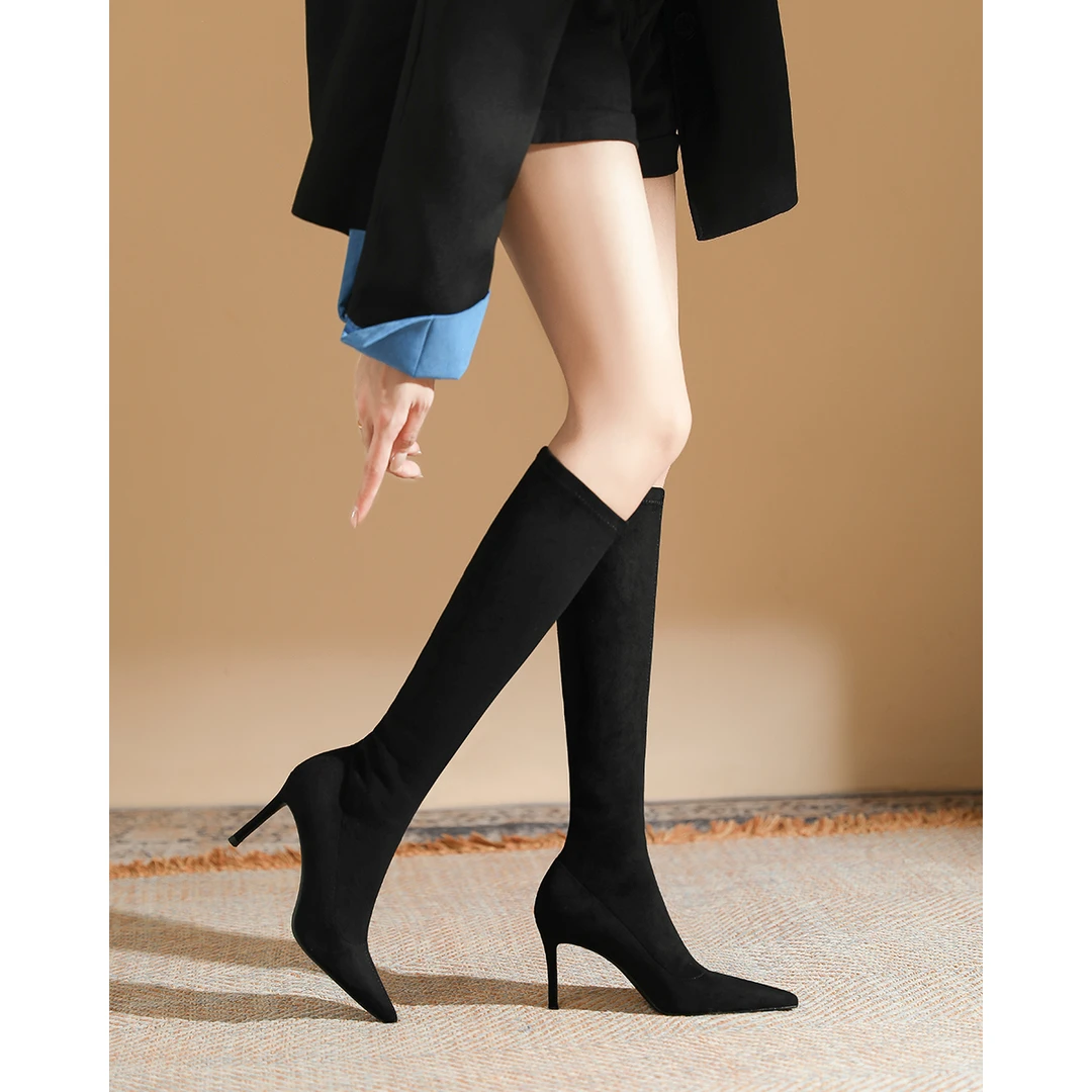 秋冬靴子女2025新款尖头高跟瘦瘦靴细跟长筒靴不掉筒百搭弹力袜靴