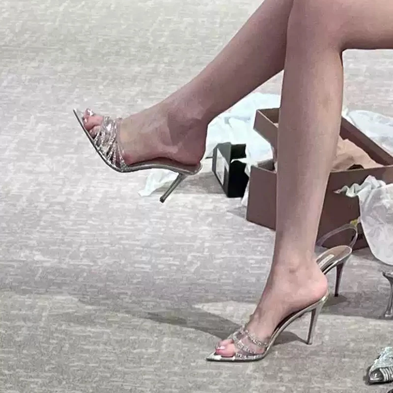 夏季新款露趾尖头水钻透明pvc漆皮一字拖女性感外穿细跟高跟拖鞋