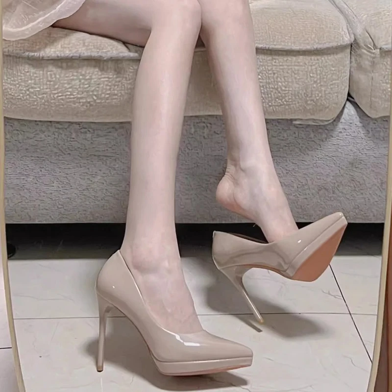 裸色漆皮防水台高跟鞋女春秋新款细跟不累脚10cm尖头气质配裙单鞋