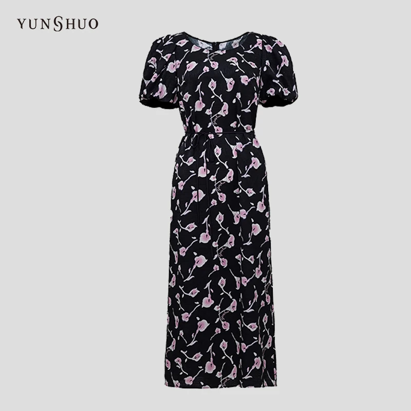 YUNSHUO允硕2024夏季新品时尚百搭气质印花泡泡袖连衣裙569362