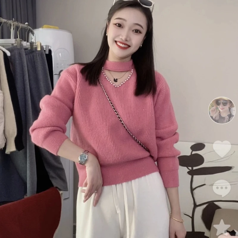 秋冬新款重工订钻镂空针织衫打底毛衣女上衣长袖时尚百搭加厚毛衣