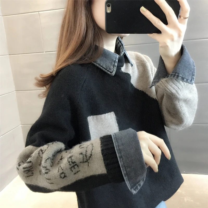 假两件慵懒风毛衣女春秋季2025新款冬季加绒加厚针织打底衫拼接女