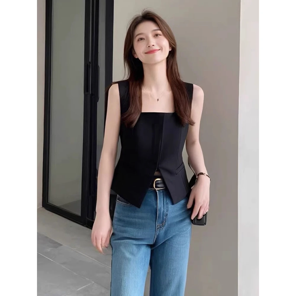 黑色方领无袖马甲女2025夏季新款时尚小众开叉西装吊带背心上衣短