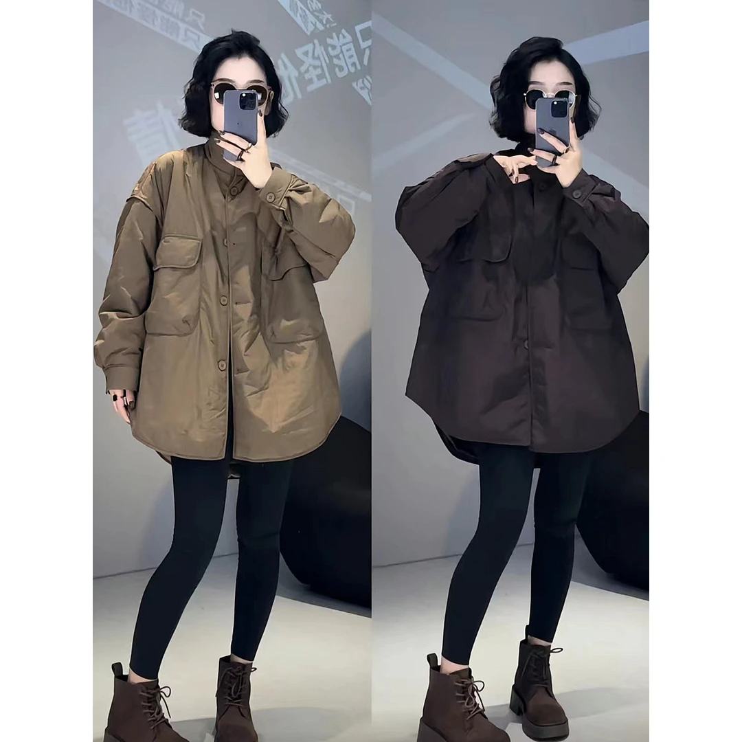 韩版时尚大口袋棉服外套女2025秋冬新款休闲百搭开衫轻薄棉衣上衣