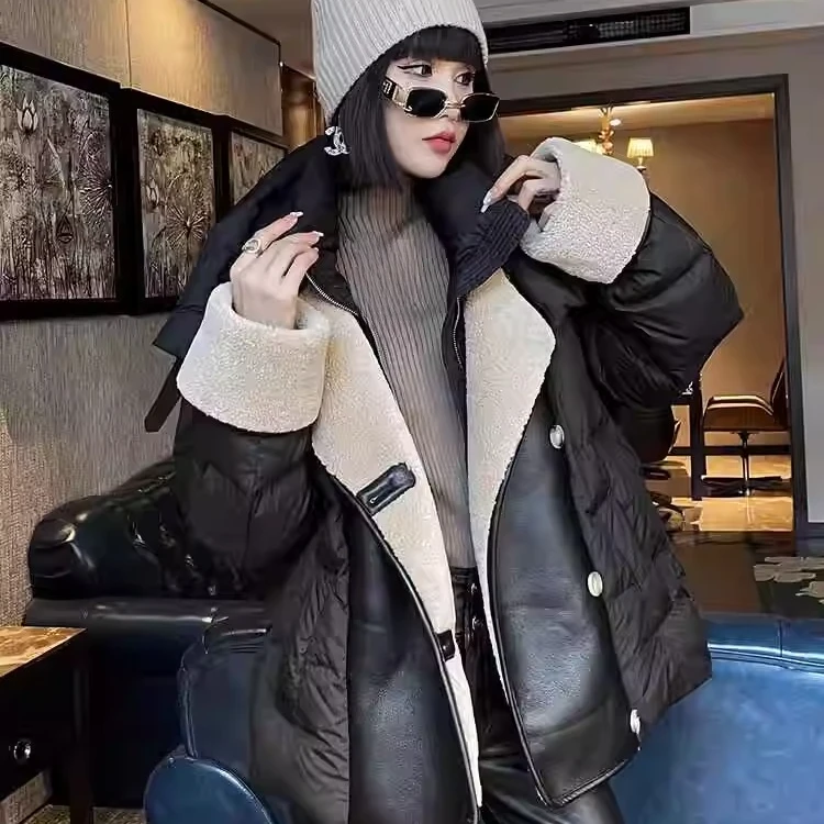 棉服女欧洲站冬季时尚新款休闲一天绒拼接颗粒绒保暖短外套潮女冬