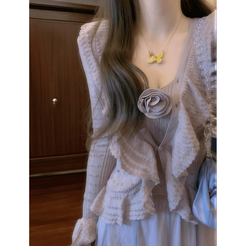 秋季重工勾花针织开衫吊带上衣大摆网纱半裙纯欲风仙气时尚套装女