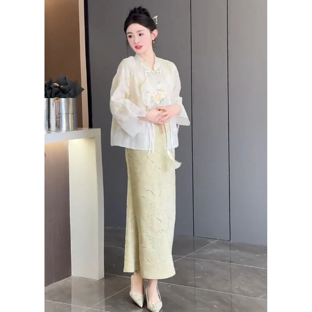 新中式国风复古套装女春秋新款高端时尚气质提花外搭半身裙两件套