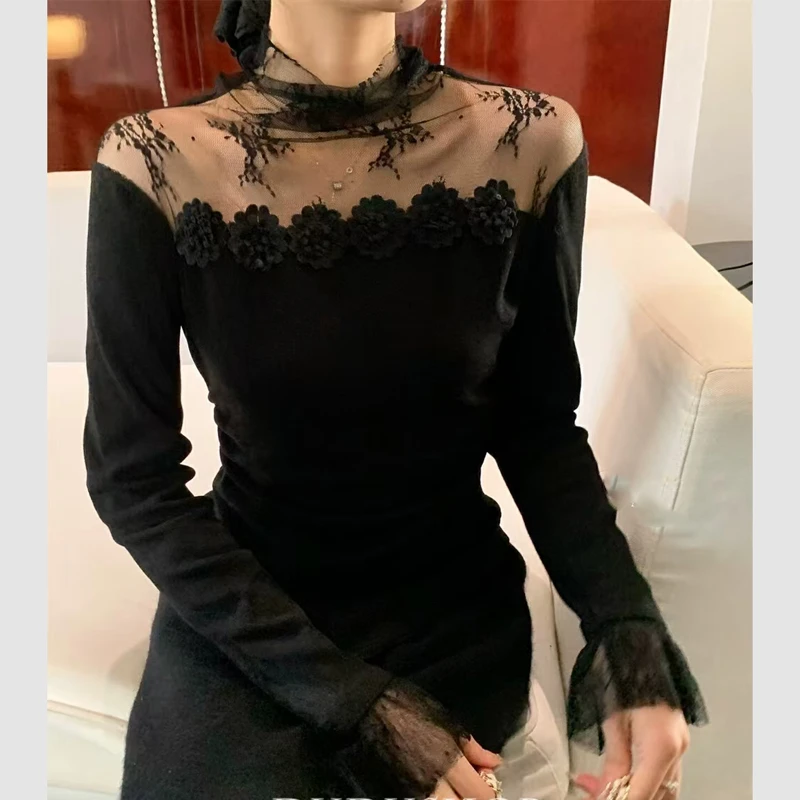 2025冬季法式温柔风花朵堆堆领网纱拼接打底衫不规则洋气内搭上衣
