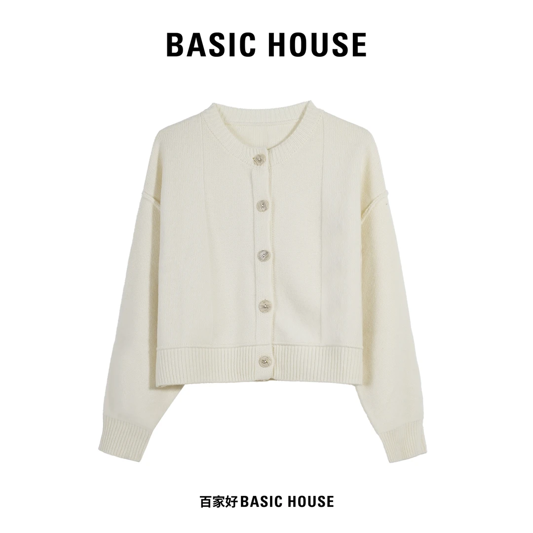 Basic House/百家好新款热力感V领拼接百搭针织毛衣 JJF
