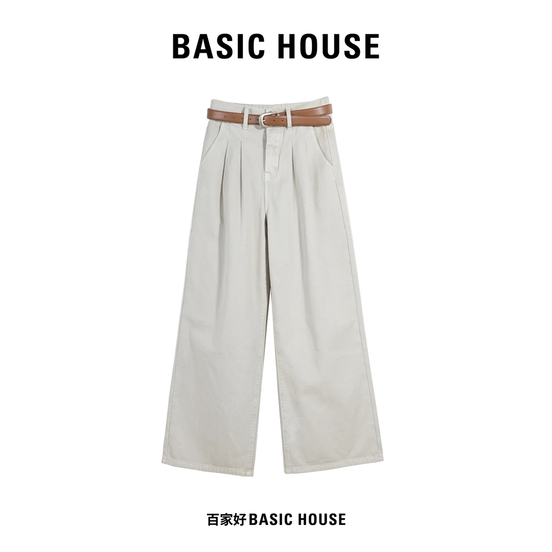 Basic House/百家好2024秋冬季新款阔腿高腰加绒热力感牛仔裤YY