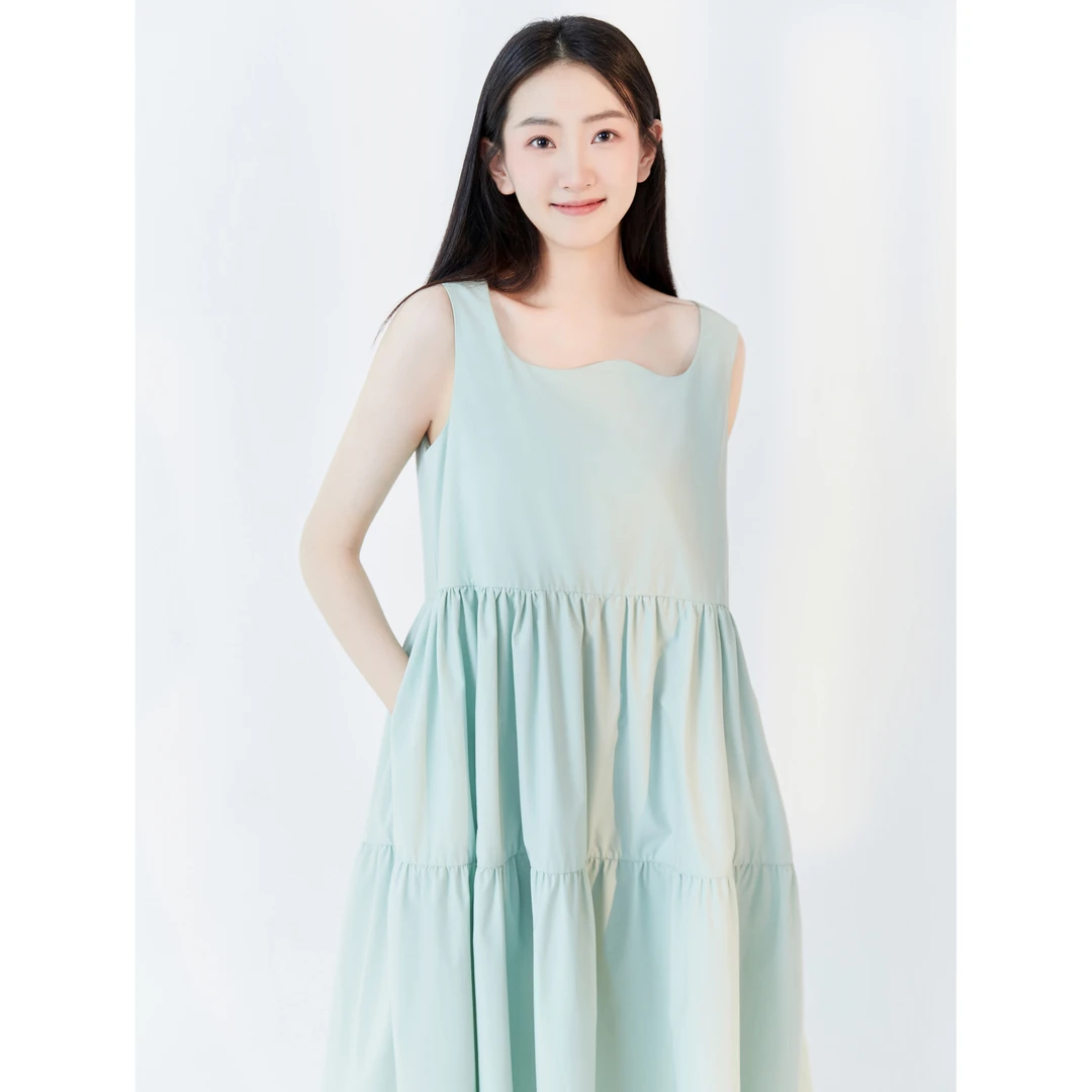 夏季宽松大摆清新浅绿色薄荷绿无袖吊带宽松背心连衣裙显瘦长裙