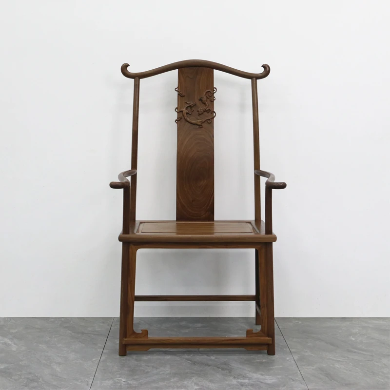 北美黑胡桃木中式仿古主椅官帽太师椅雕刻实木单人高靠背龙椅茶椅