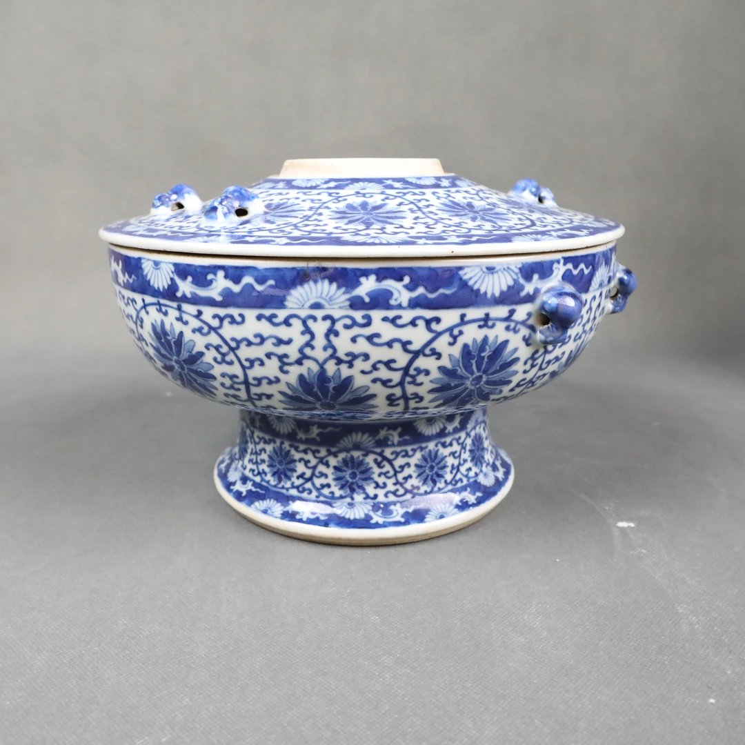 【国营文物商店】c1746/青花花卉缠菊火锅/清