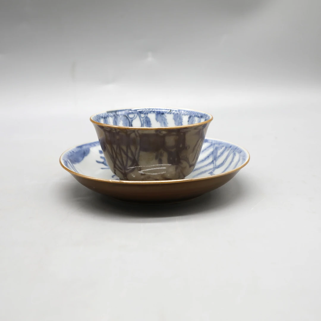 程晓中推荐-【国营文物商店】c2519/外紫金釉内青花斗鸡图杯碟套/清