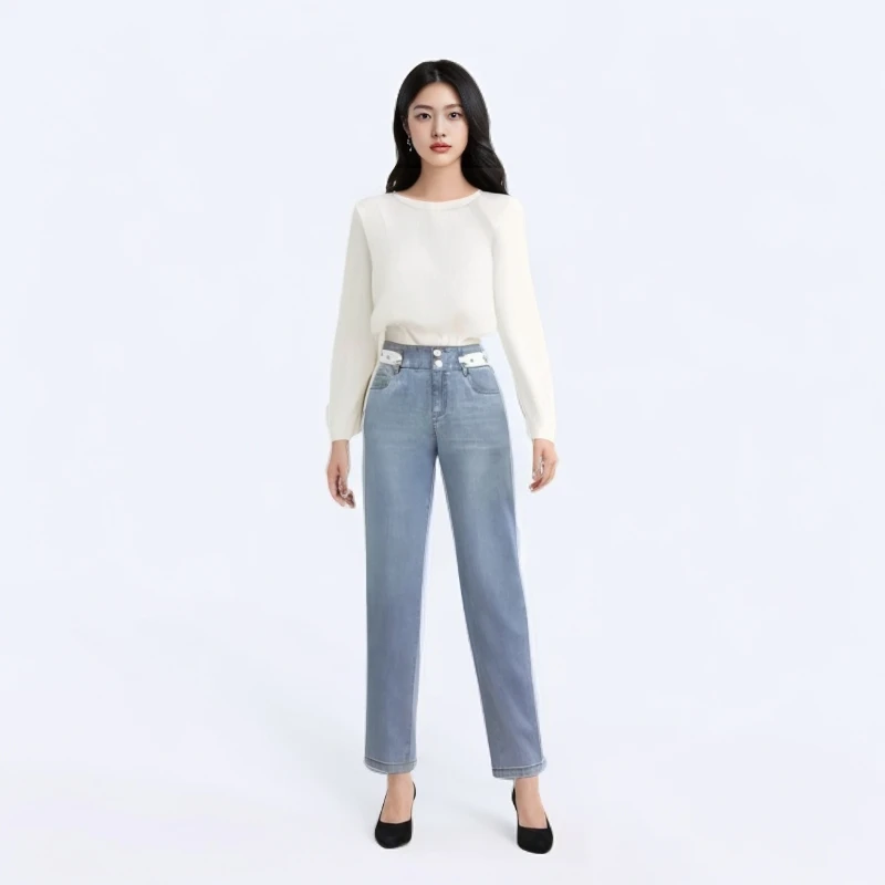 2025夏季2202高腰深裆时尚弹力简约牛仔老爹裤显瘦百搭秋冬女士