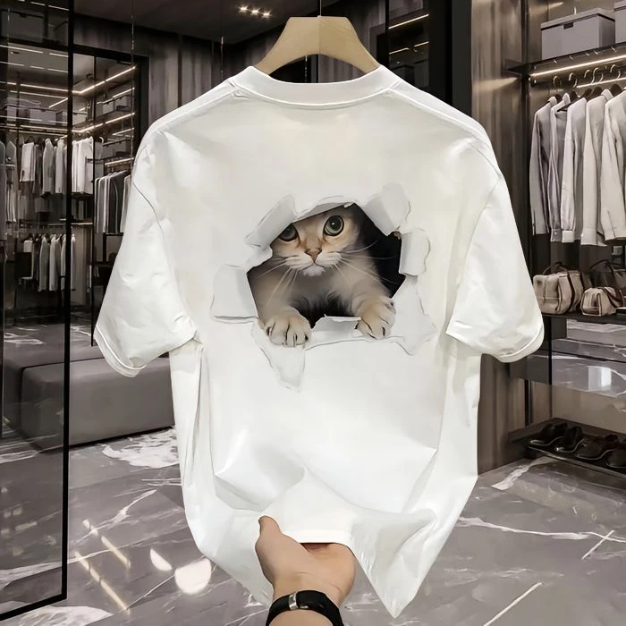 【高品质男装】夏季短袖猫咪重磅T恤小众设计印花潮牌男士圆领上衣