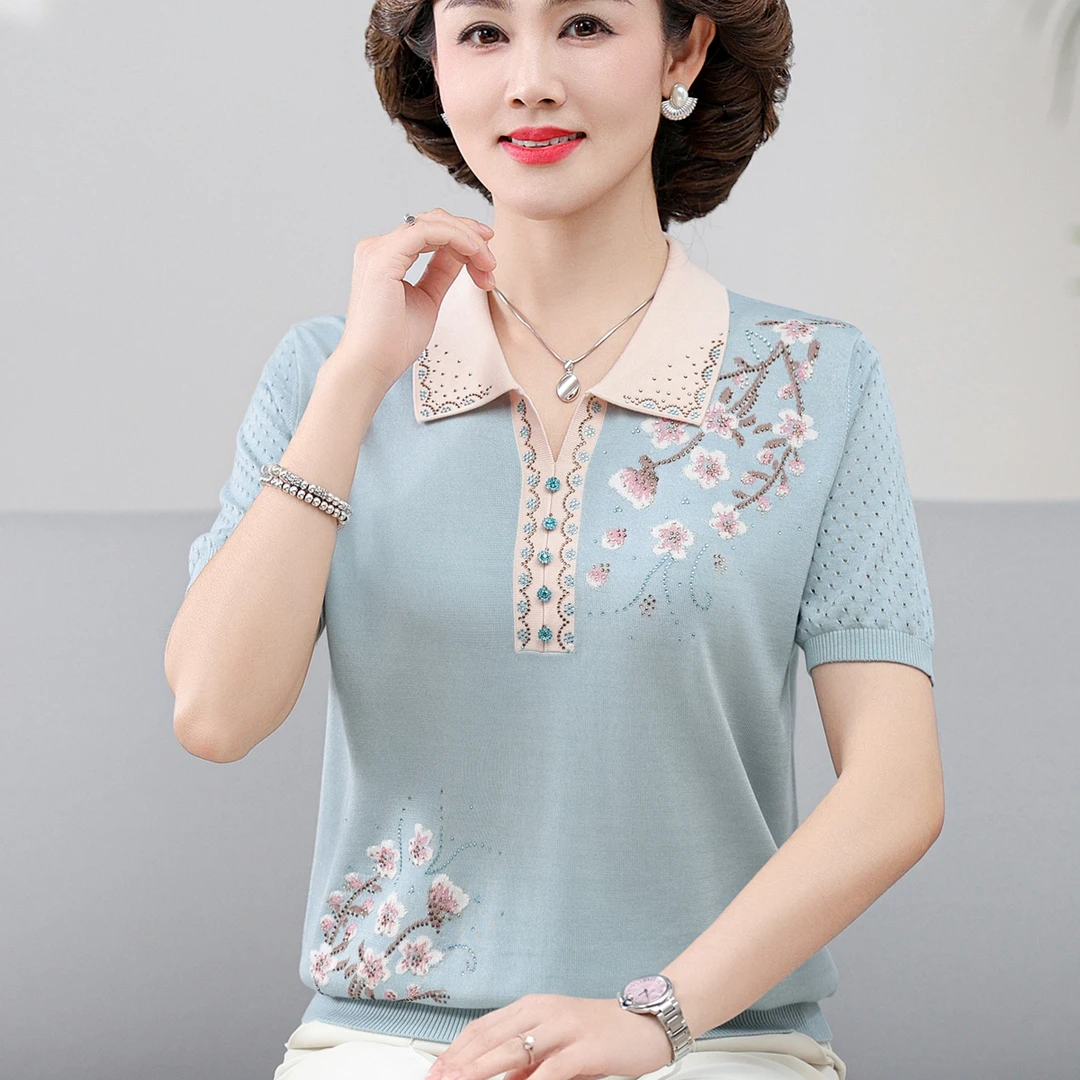 中年妈妈夏装短袖针织小衫40岁50阔太太冰丝上衣洋气女夏季T恤