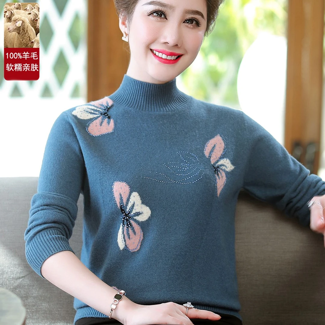 中老年毛衣女100%纯羊毛衫洋气妈妈秋冬新款半高领加厚针织打底衫