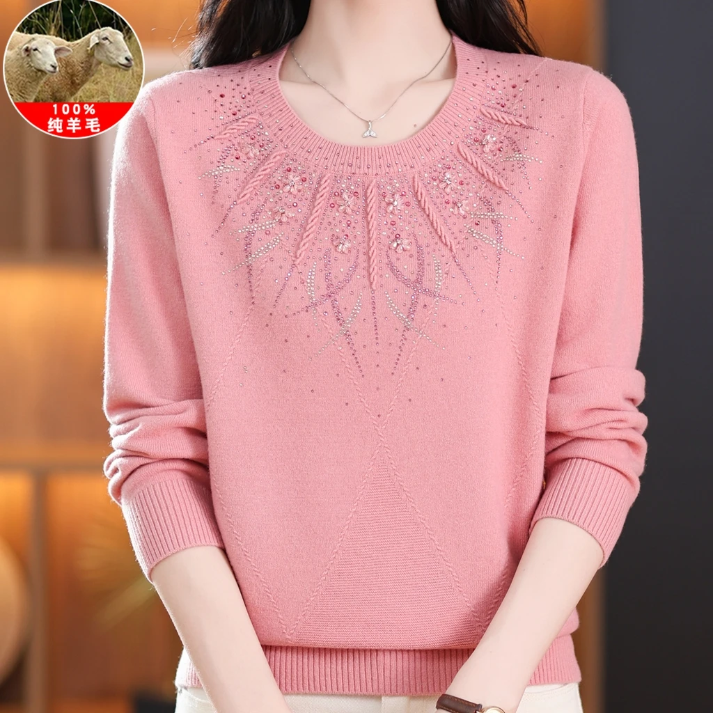 妈妈秋冬圆领毛衣100纯羊毛衫中老年女纯色内搭大码钉珠打底衫厚