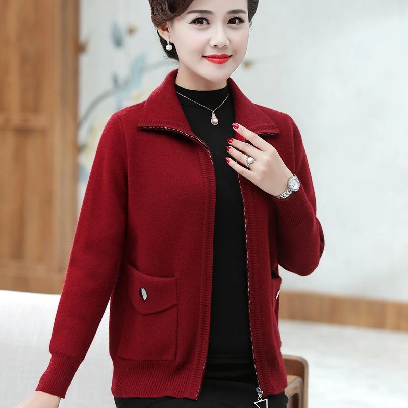 妈妈春装加厚高档针织外套中老年女冬装带领毛衣拉链开衫外穿上衣