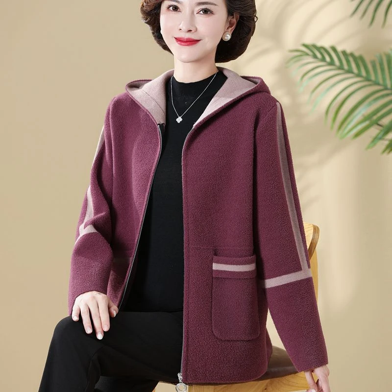 时尚妈妈连帽加绒加厚外套中老年秋冬女休闲短款针织大码毛衣开衫