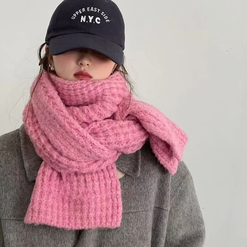 粉色针织毛线围巾女冬季2022新款百搭韩版高级感加厚保暖围脖学生