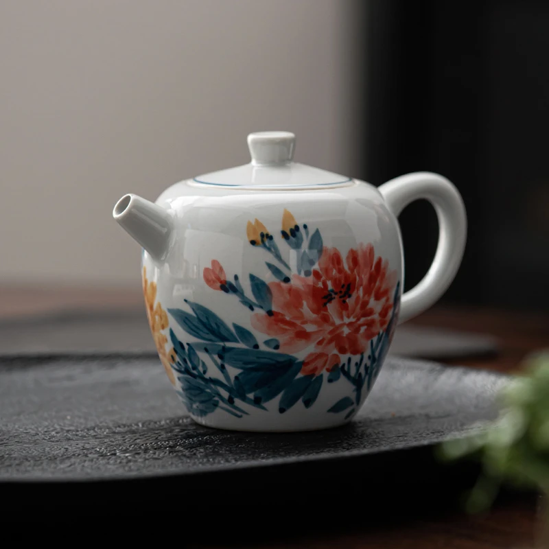 微瑕手绘牡丹茶壶老陶泥釉下彩功夫茶具巨轮珠壶200ml陶瓷泡茶壶