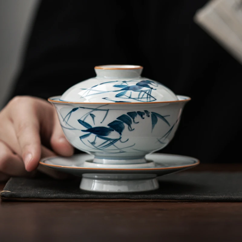 微瑕手绘虾趣圆满盖碗老陶泥釉下彩青花三才泡茶碗不烫手复古茶碗