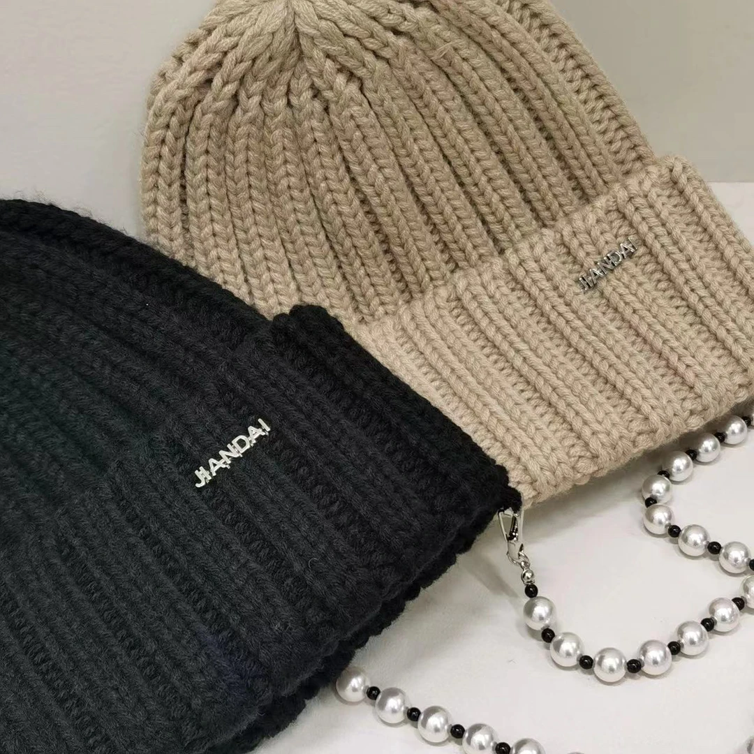 帽之都新款黑色针织珠珠链条简约毛线帽21896