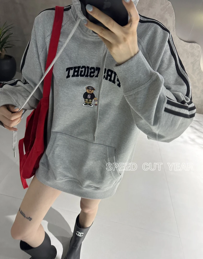 帽之都大毛圈重工刺绣小熊连帽长款卫衣33138