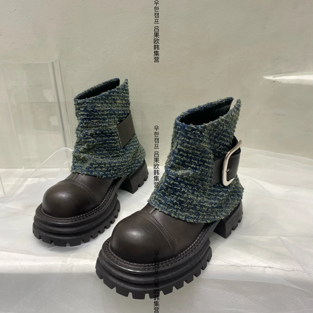 欧货高品质高级感厚底裤管靴女2024秋真皮显瘦小众粗跟时尚短靴潮