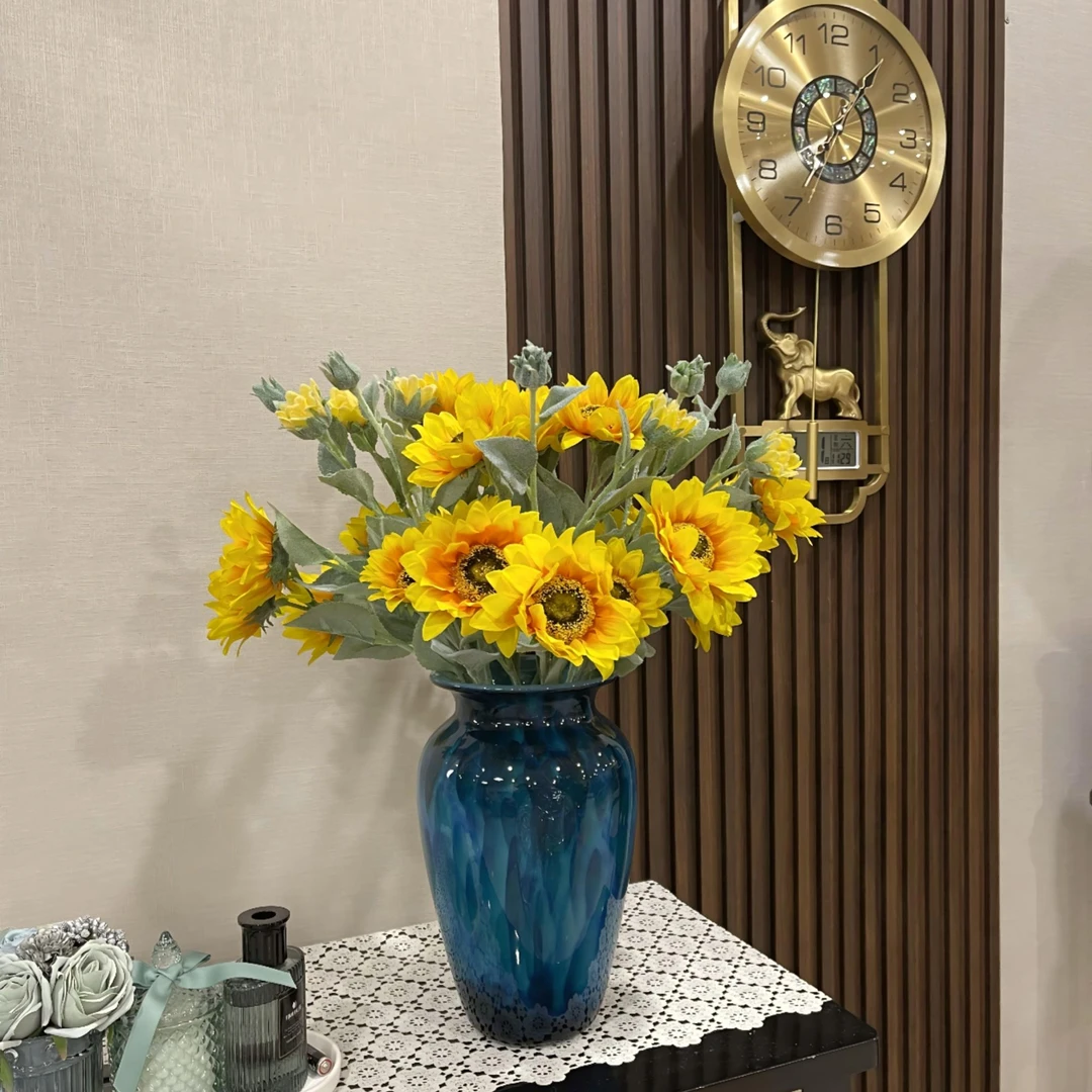 轻奢家居摆件仿真花餐桌花电视柜花8枝5头太阳花+中号琉璃瓶