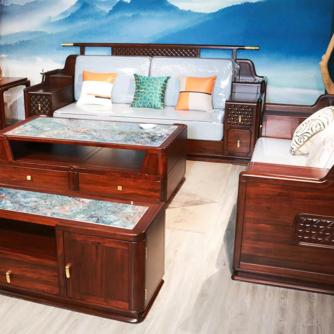 花开富贵实木新中式沙发五件套【乌金木】