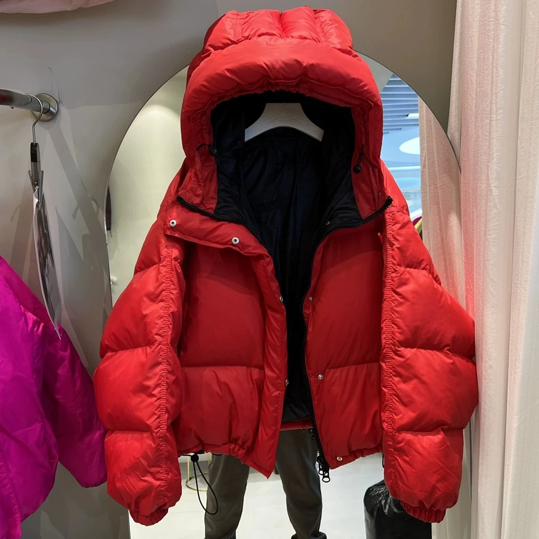 2023冬新款短羽绒服女连帽撞色加厚宽松泡芙帽韩版面包白鸭绒外套