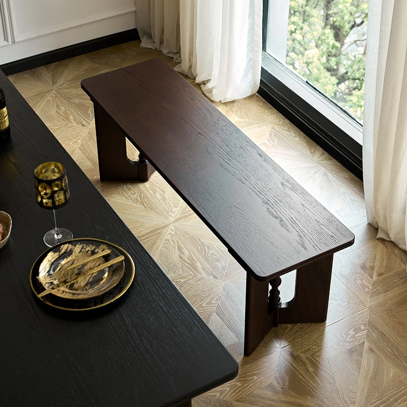 巢趣家居美式复古实木长条凳方形餐椅法式复古餐桌椅子侘寂风长凳