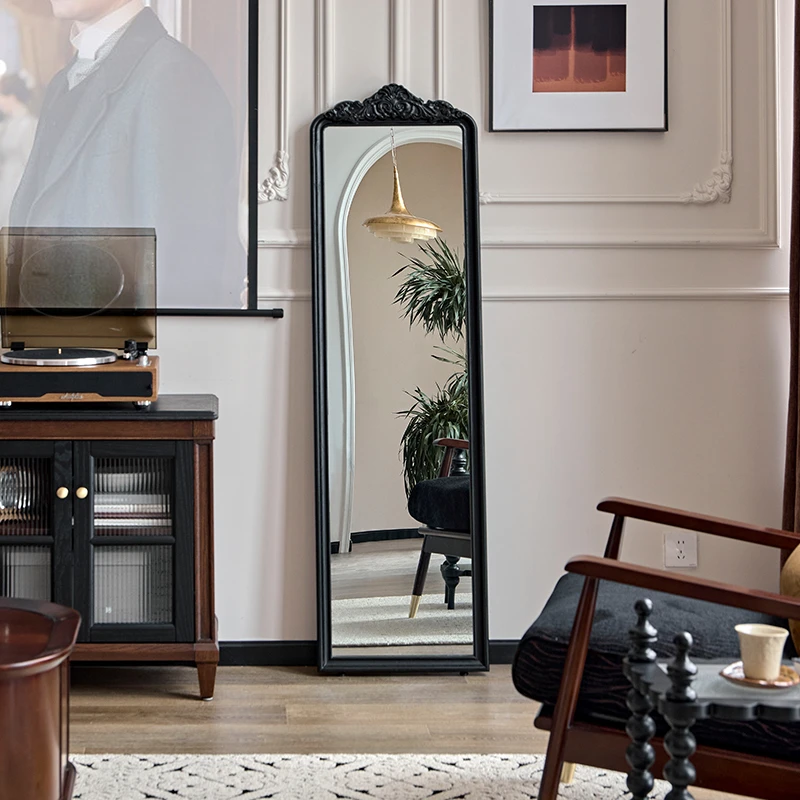 巢趣家居法式复古实木穿衣镜全身落地镜轻奢高级黑色试衣镜