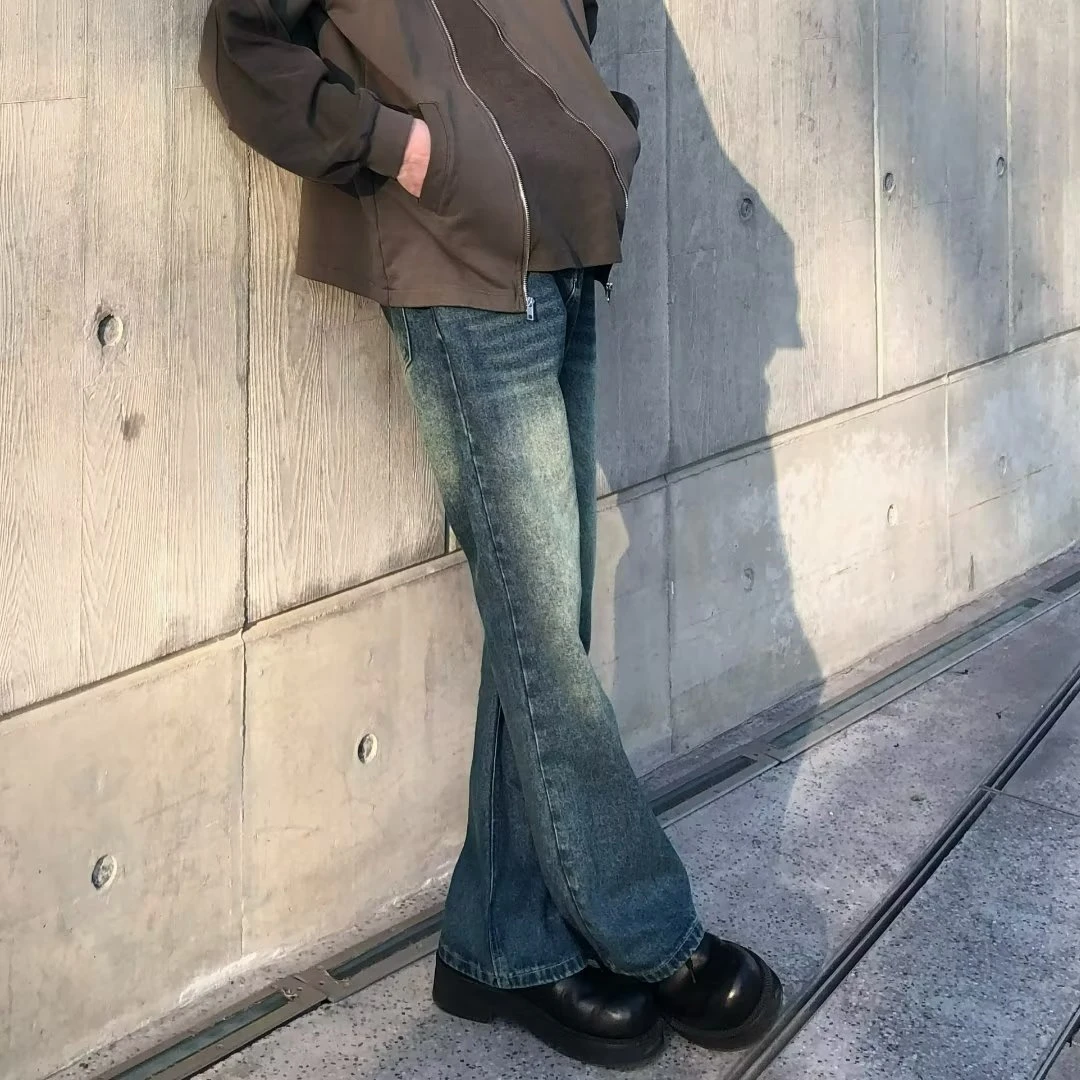 美式高街复古蓝微喇叭牛仔裤秋季男显瘦高腿长裤子潮牌嘻哈bive裤