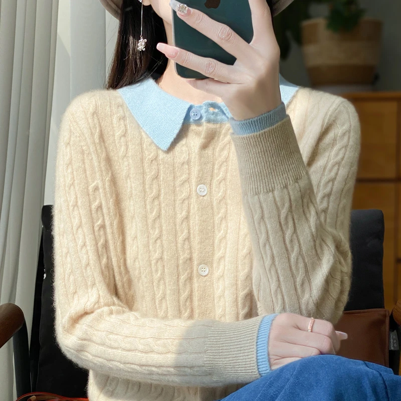 秋季新款POLO领假两件纯羊毛衫拼色减龄气质扭花针织外套女