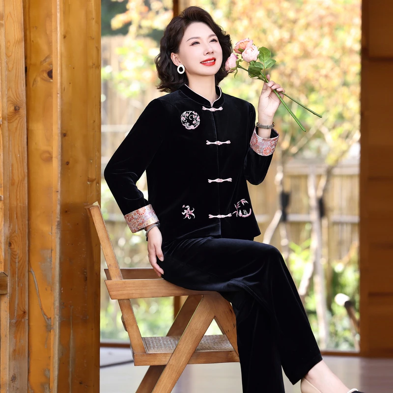 妈妈套装气质时尚复古新中式中国民族风金丝春秋立领绣花韩版显瘦